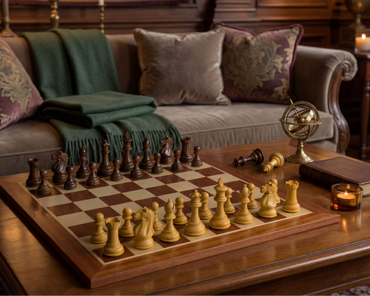 Échiquier de prestige exposé comme objet d'art dans une décoration intérieure élégante et sophistiquée.