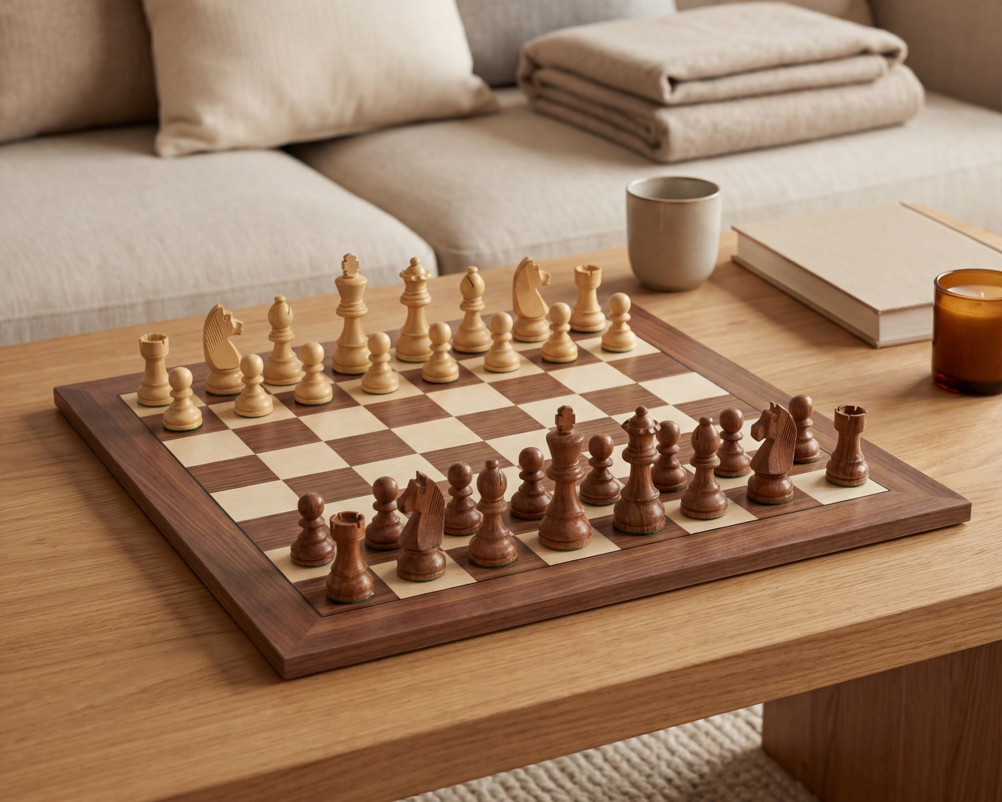 Jeu d'échecs classique en bois noble exposé dans une décoration d'intérieur raffinée et intemporelle.