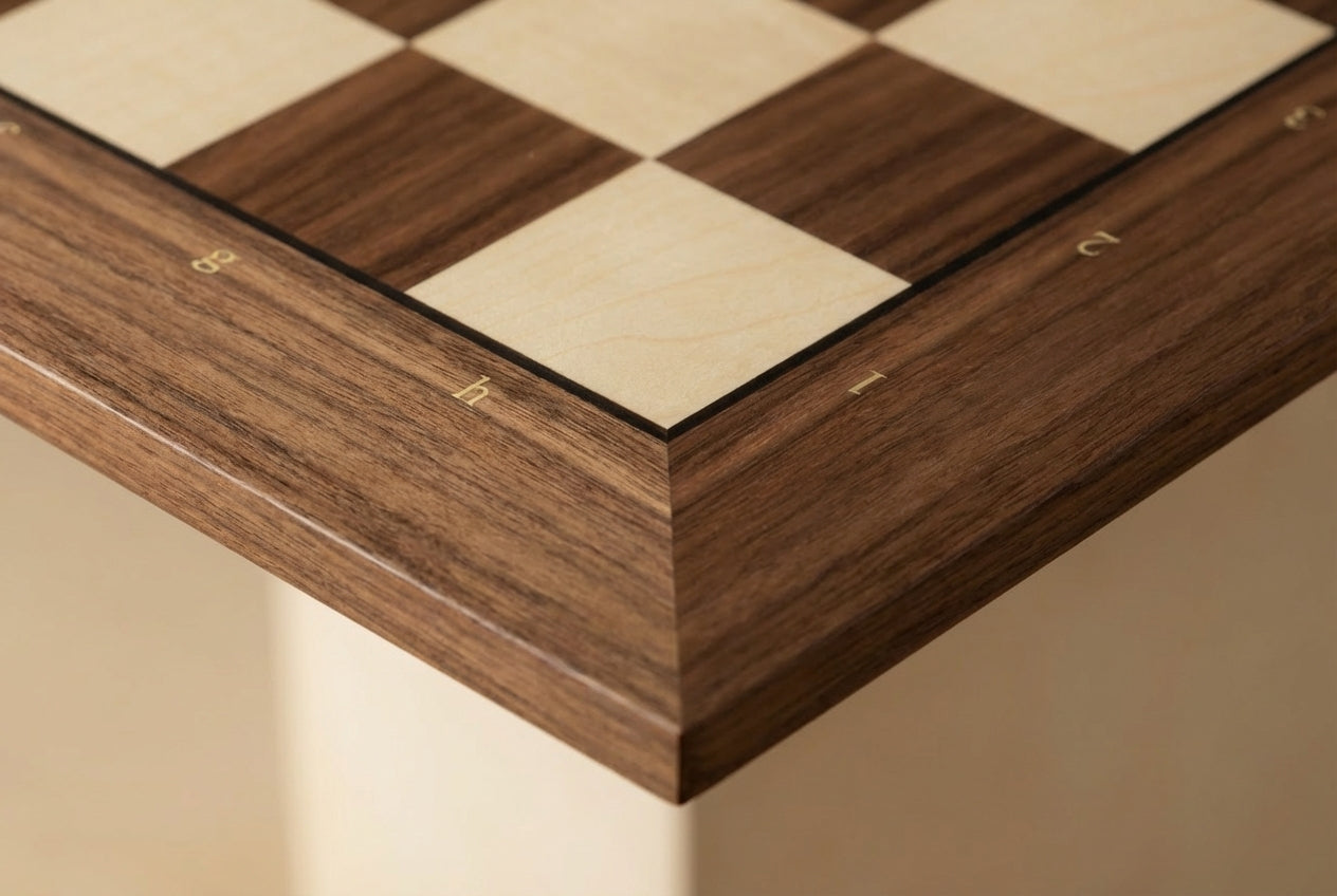 Détail du grain de bois d'un échiquier en noyer et érable, finition mate et contrastes naturels.