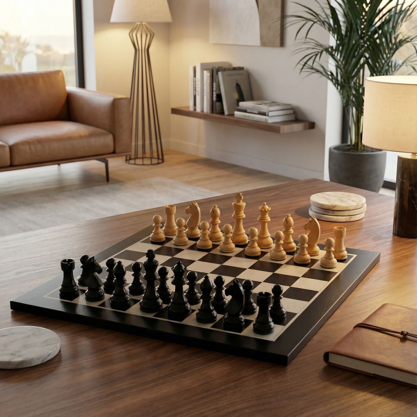 Jeu d'échecs de luxe utilisé comme objet d'art et de décoration dans un salon au design moderne.