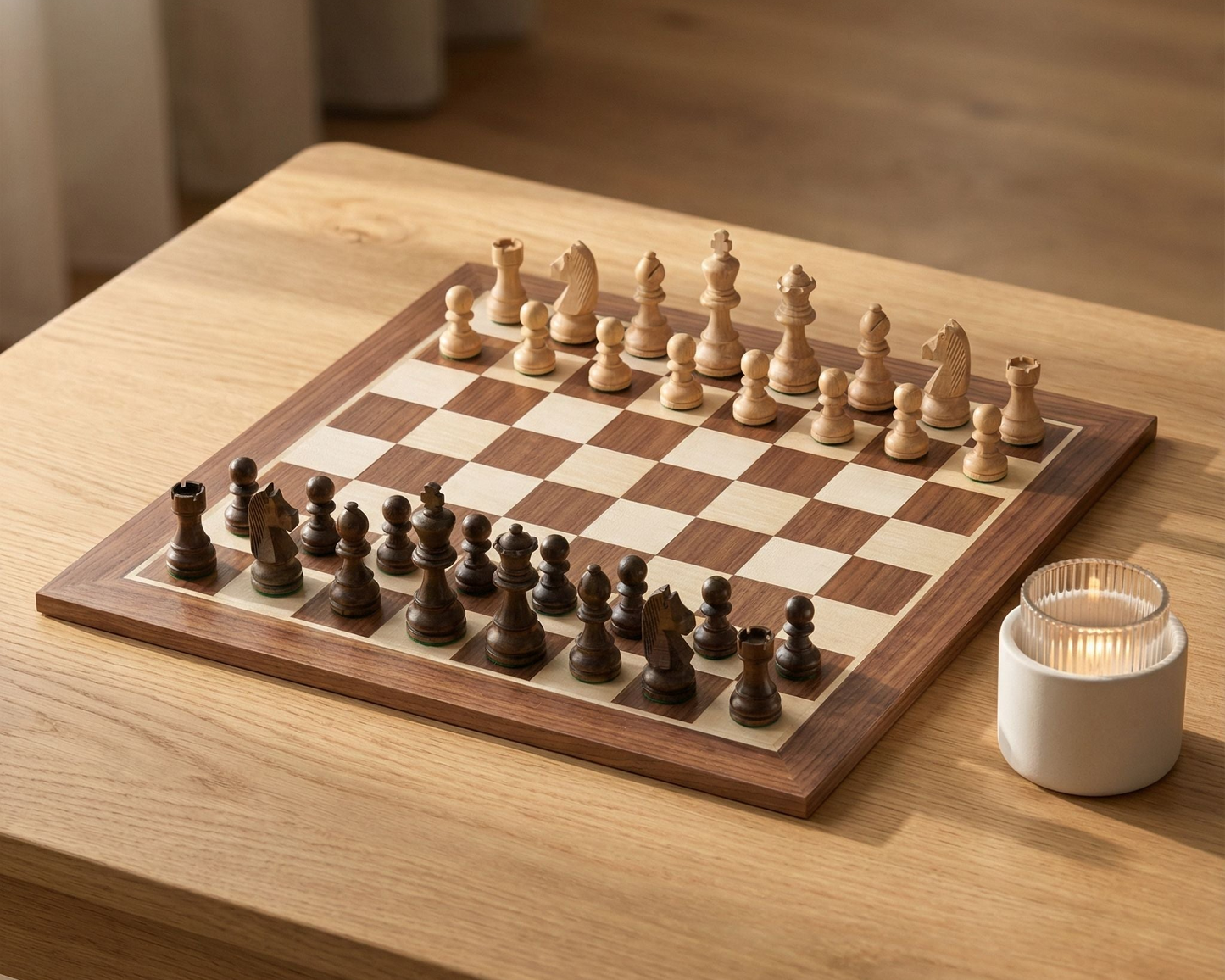 Ensemble de jeu d'échecs L'Intemporel en bois de noyer et érable, format taille 5 par L'Art du Mat.