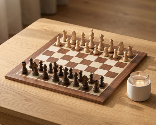 Ensemble de jeu d'échecs L'Intemporel en bois de noyer et érable, format taille 5 par L'Art du Mat.
