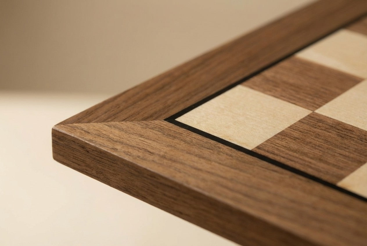 Détail du grain de bois d'un échiquier en noyer et érable, finition mate et contrastes naturels.