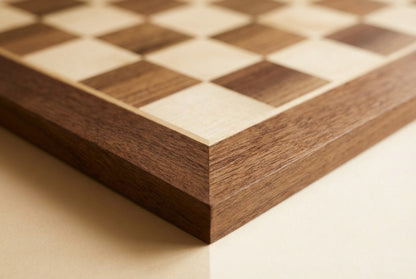 Détail des finitions d'un échiquier artisanal en noyer et érable, design sobre et élégant.